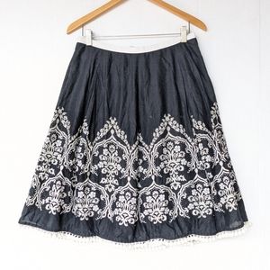LOFT embroidered beaded pom-pom trimmed blk skirt